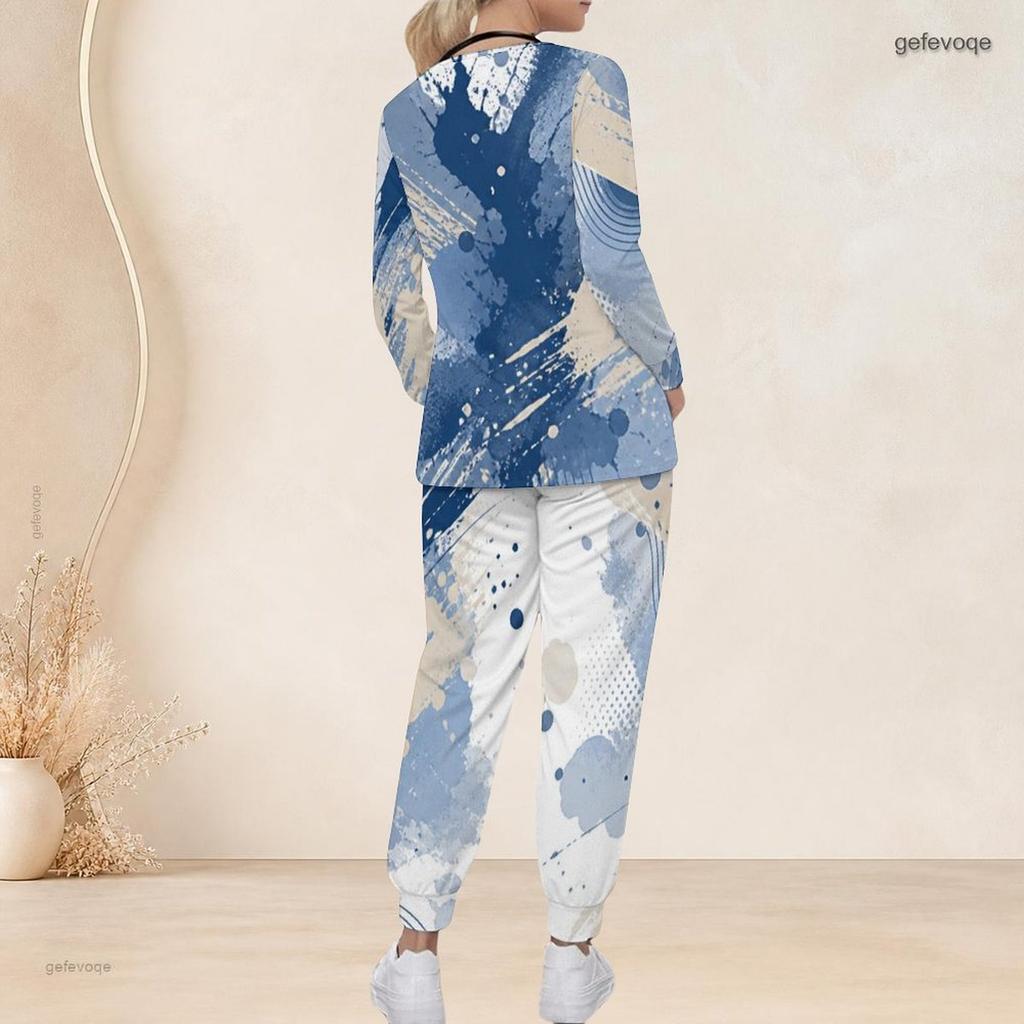 Women Plus Size Printed Nurse Scrub Set V Neck Long Sleeve Pocket Top And Long Pants Blue Beige