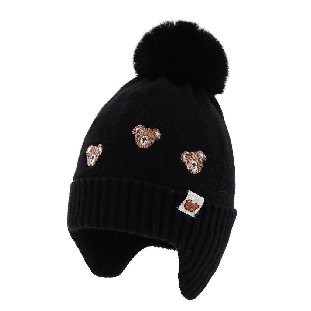 Children's Pompon Pullover Hat with Ear Protection - Embroidered Bear, Fleece-Lined for Autumn and Winter
