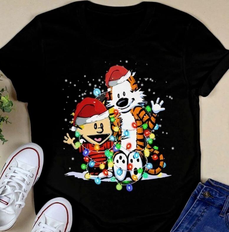 Calvin And Hobbes With Lights Christmas Black T-shirt Cotton Tee S-4XL ZL453 L