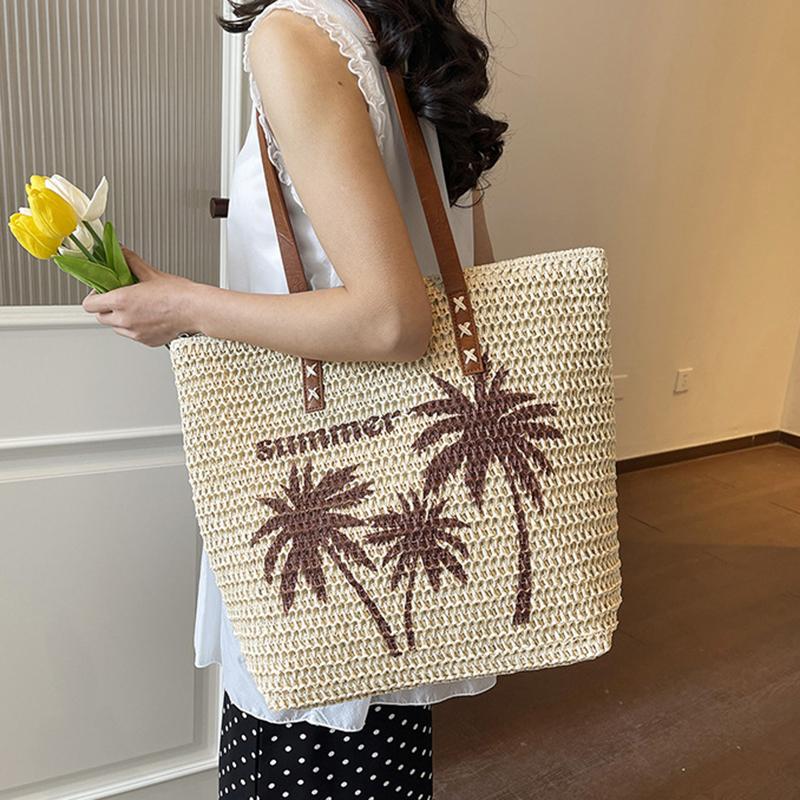 Summer Large Capacity Straw Beach Women's Tote Bags Coconut Tree Pattern Handbag Leather Strap Beach Shoulder Bag