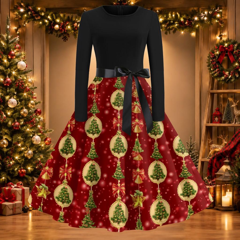 Women's Casual Christmas Print Neck Vintage Dress for Holiday Party