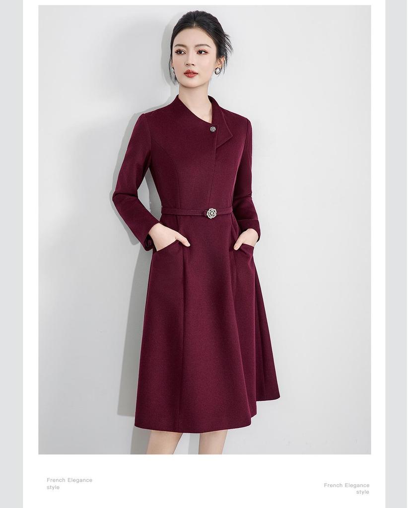 Elegant Woolen Skirted Dress with Waist-Cinch for Autumn/Winter