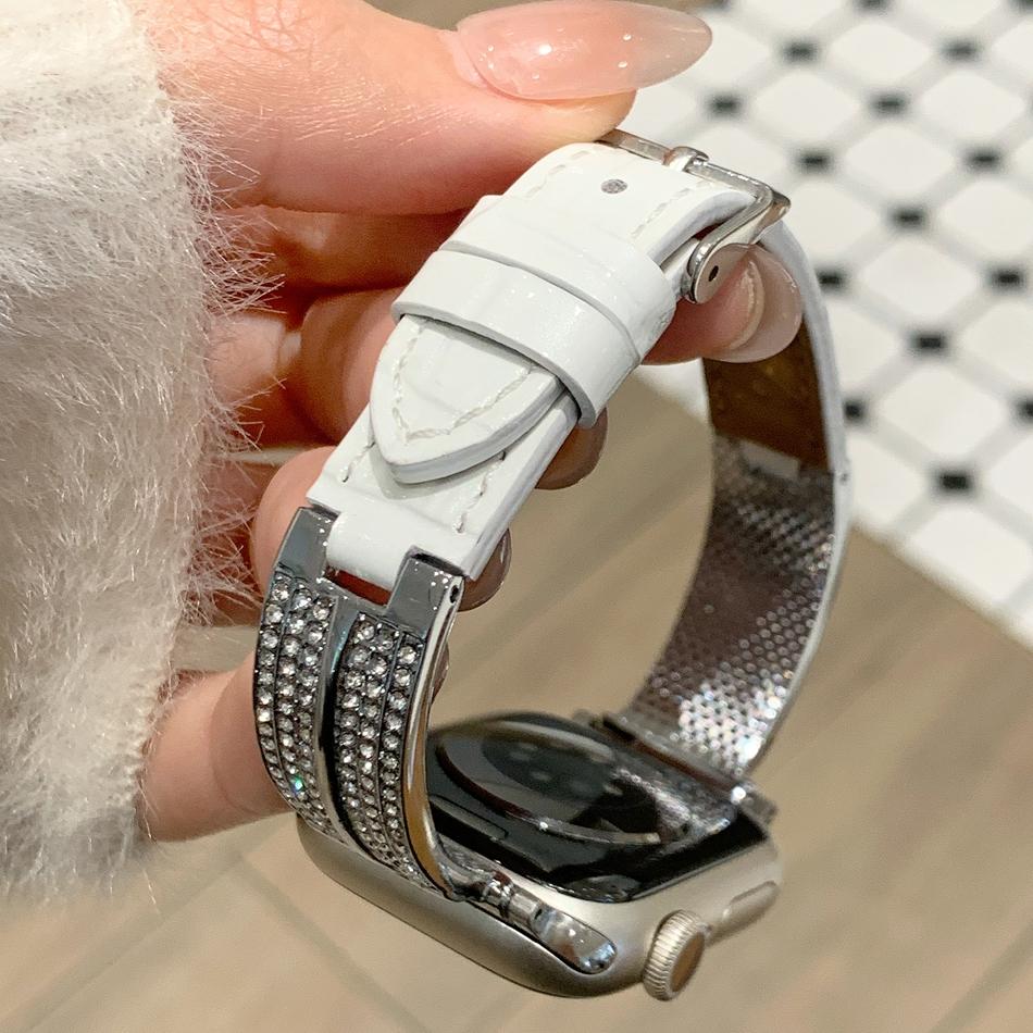 

Luxury Full Diamond Metal Bracelet For Apple Watch Band S11/10/9/8/7/6/5/SE/Ultra iWatch Leather Strap 49/46/45/44/42/41/40/38mm 42 44 45 46 49MM