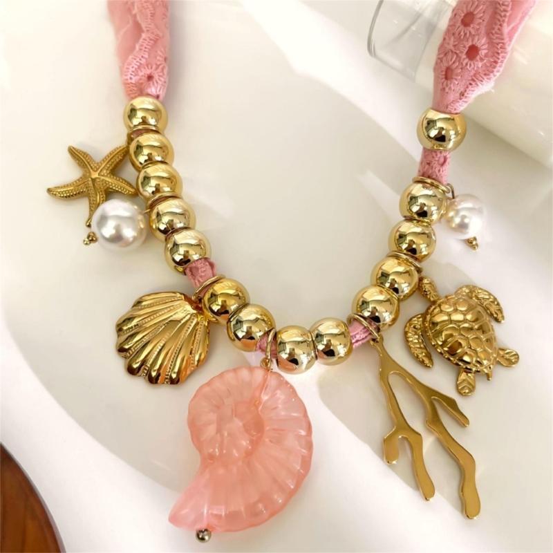 Summer Ocean Inspired Neckchain Adjustable Ceramic Shell Starfish Pendant Necklace Lightweight For Beach Outfits Gifts