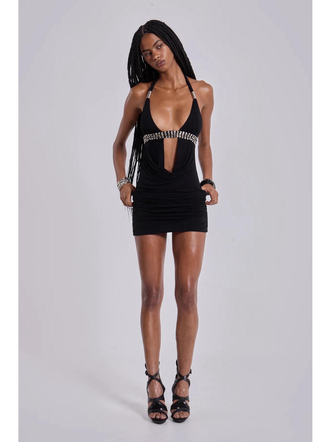 2026 Summer Women s Fashion Solid Color Halter Deep V-Neck Bodycon Dress Medium чёрный