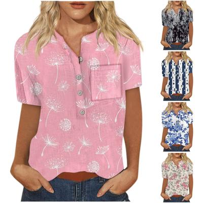 Women's Fashion Printed Pattern Button Down Chest Pocket Short Sleeve Shirt
