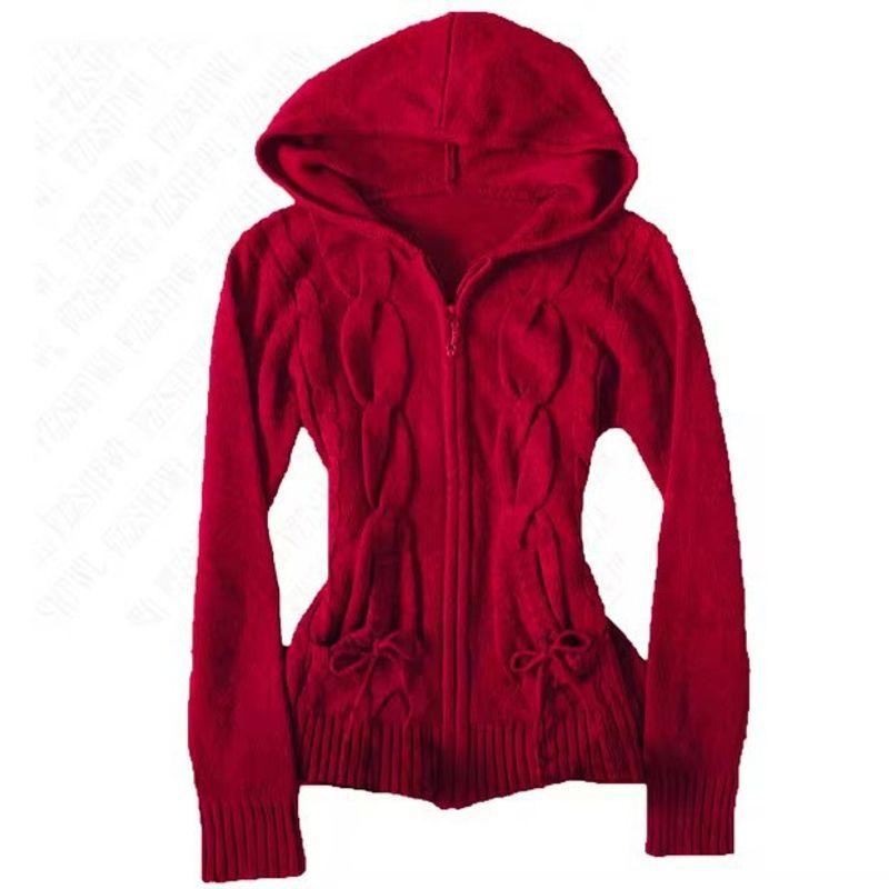 

Top Trendy Hooded Cardigan Pure Color Casual and Comfortable Heattech All-Matching Slim Fit Slimming Zipper Coat Top Girls Red Size XXL
