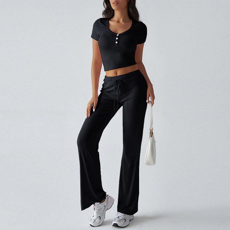 

Повседневные топы с коротким рукавом, длинные брюки, комплекты из 2 предметов, женская однотонная укороченная рубашка на пуговицах, прямые брюки на шнурке, летние наряды XL чёрный
