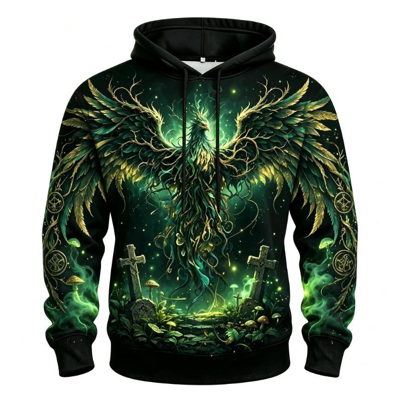 Erkek Ateş Anka Kuşu Alev Duman Tam Baskılı Kapüşonlu Sweatshirt Cadılar Bayramı Gotik Uzun Kollu Kazak Cosplay Partisi İçin