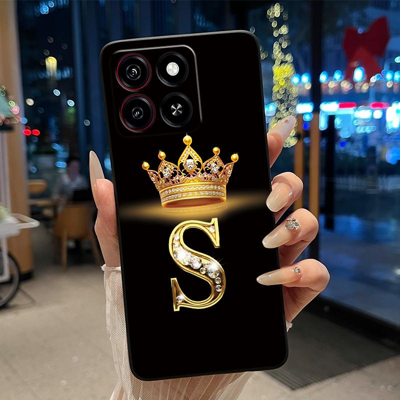 

Cool Lucky A-Z Letter Phone Case For ZTE Blade A35/A55 Soft Silicone Black Case Shockproof Luxurious Glitter Crown Shell ZTE Blade A55