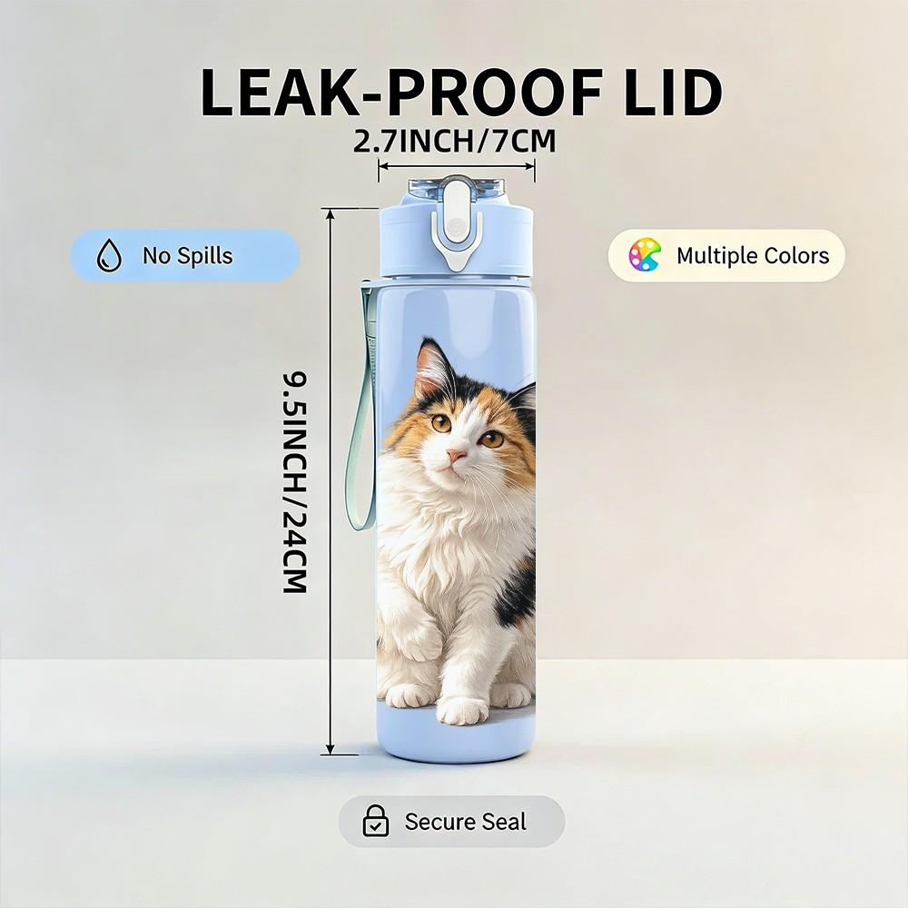1PC Simple White Kitten Cat Pattern 750ml Color Plastic Sports Water Bottle Leakproof Flip Straw Lid Suitable for Sports Office Home Use