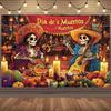 Vibrant Day of the Dead Background Banner - Mexican Decoration Skull Musician Marigold and Candle Patterns - Polyester