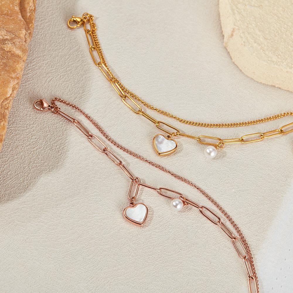 Fashion niche design personalized double-layer bracelet temperament versatile heart simulation pearl stainless steel bracelet