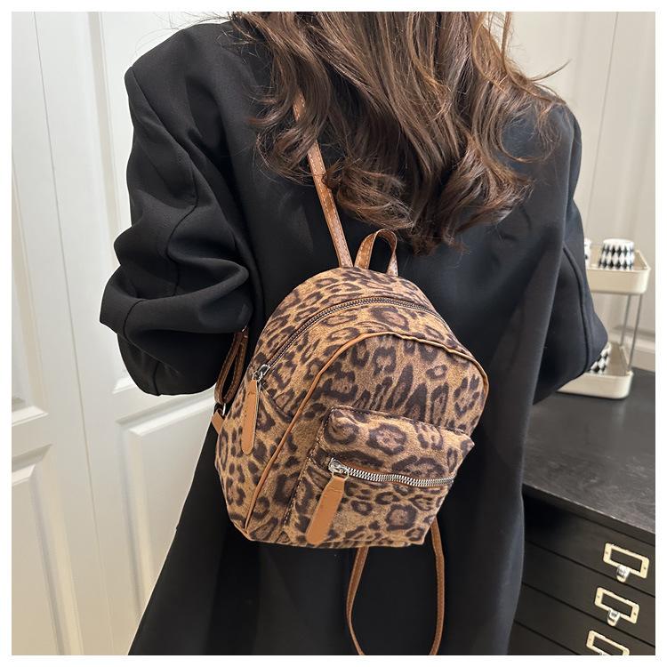 Leopard Print Faux Suede Backpack for Women Cute Cartoon Shoulder Bag