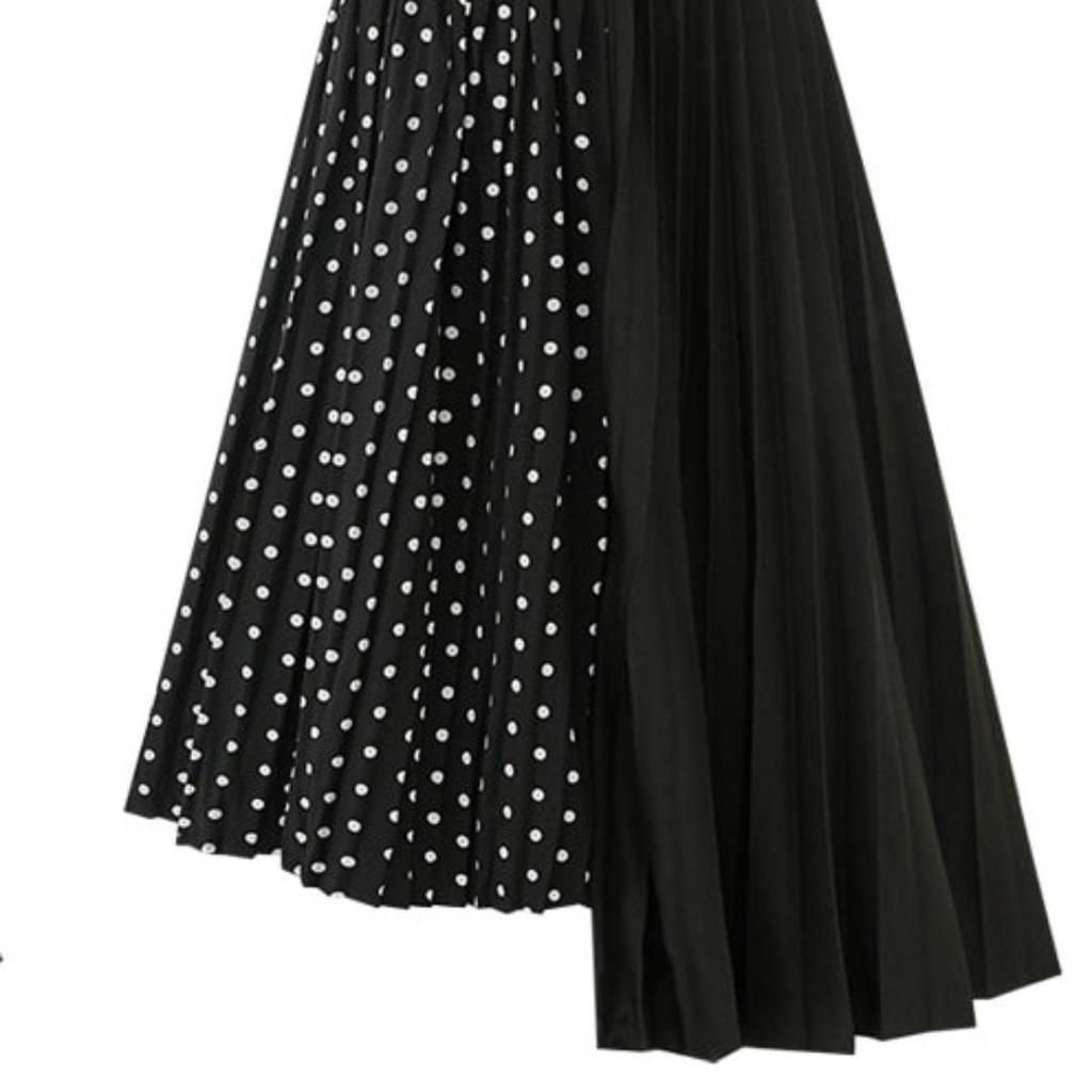 Tooxika Large Women's Pleated Polka Dot Patchwork Mid Length Chiffon Large Hem Skirt