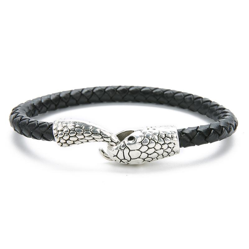 Vintage Silver Color Snake Easy-Hook Leather Bracelets Men Viking Jewelry Black Brown Braid Bracelet Charms Bangle 2019