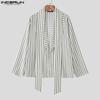 INCERUN Men Lapel Deep V Neck Long Sleeve Striped Print Casual Lace-up Shirts Tops