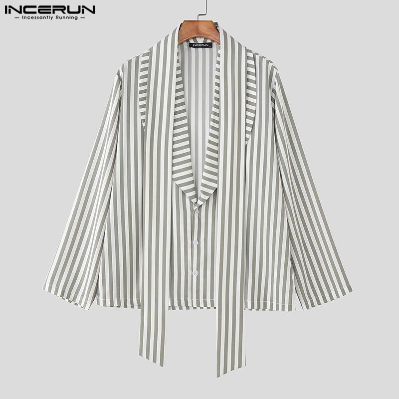 INCERUN Men Lapel Deep V Neck Long Sleeve Striped Print Casual Lace-up Shirts Tops