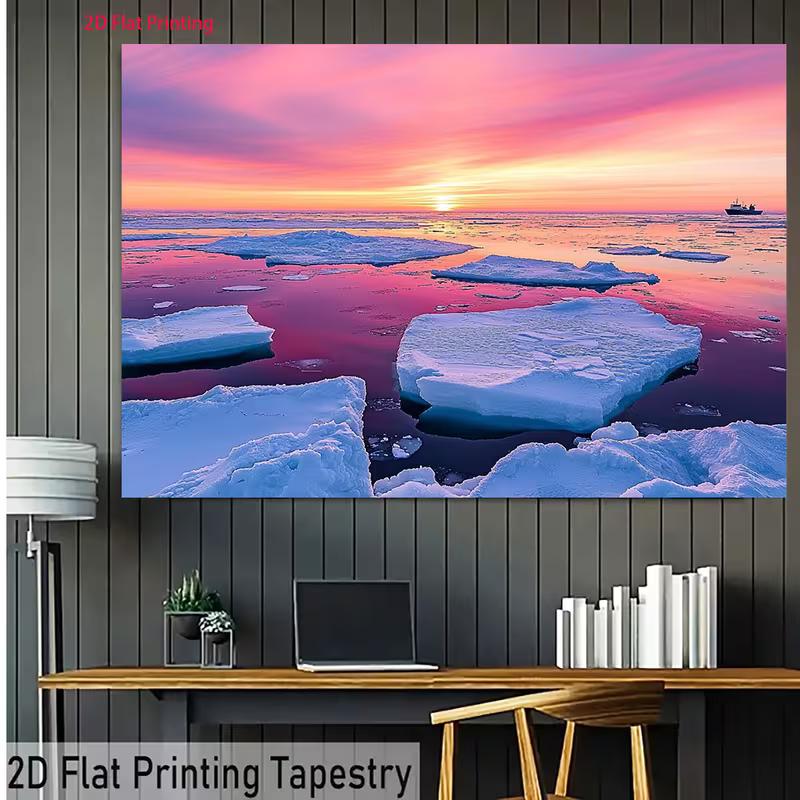 2D Iceberg Ocean Landscape Backdrop, Pink Sky Arctic Photography Background Cloth