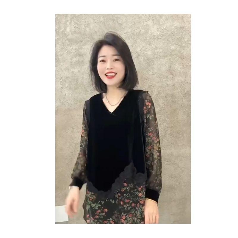 

Старый розовый, Не оборачивайся ~ Женские рубашки из поплиновой пряжи, смешанной с золотым бархатом, с цветочным принтом, нерегулярными стразами, V-образным вырезом, новые Safflower Patchwork 3XL