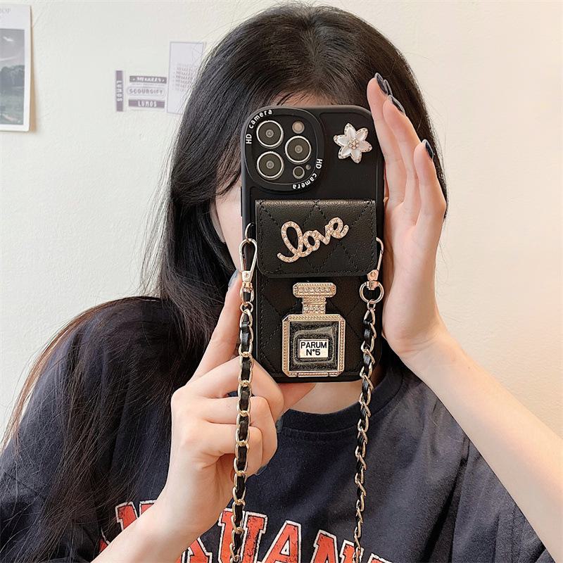 Luxury silicone perfume holder case with oblique chain for Apple 14 Promax, 13, 12, 11 soft full package card holder.