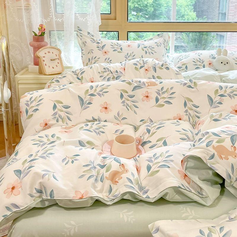 Fashion Floral Duvet Cover Set with Flat Sheet Pillowcase No Filler Girls Twin Full Queen Size Korean Soft Bedding Set
