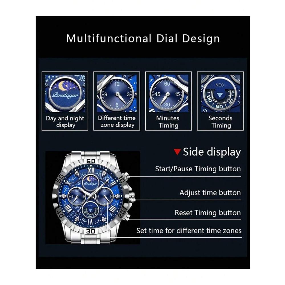 POEDAGAR 1 pz Orologio Sportivo da Uomo, Cronografo Impermeabile, Orologio al Quarzo di Lusso in Acciaio Inossidabile Luminoso con Scatola Regalo