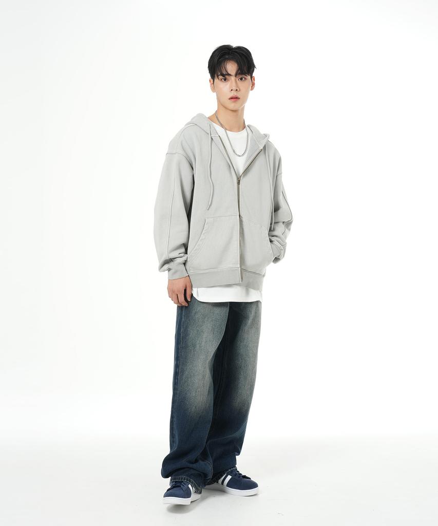 Mozmoz Heavyweight Pigment Cut Two-Way Oversized Zip-Up Hoodie Gray