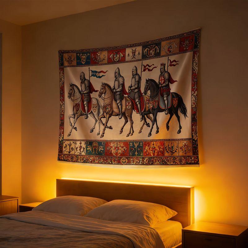 Medieval Knight Horse Coat Of Arms Wall Tapestry Beige Red Blue Armor Rider Flag Crest Border Vintage Art Bedroom Living