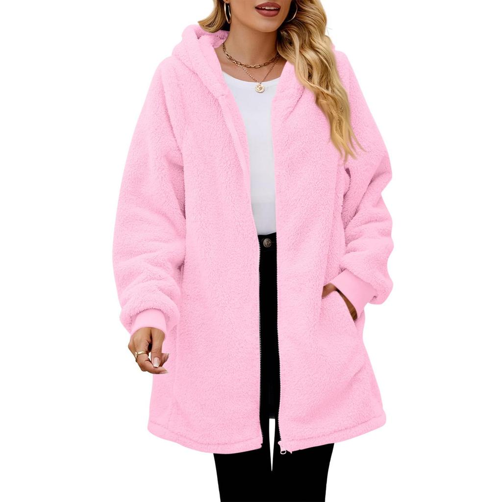 Women's Fashionable Coat Solid Color Long Sleeved Pocket Loose Hooded Zipper Plush  Jacket