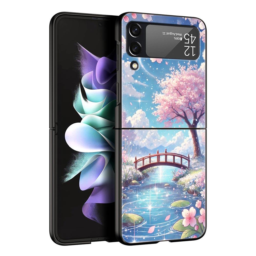 Korean Flower Hard PC Phone Case For Samsung Galaxy Z Flip 7 6 5 4 Black Cover For Galaxy Z Flip 3 Foldable Shell Fundas Capas