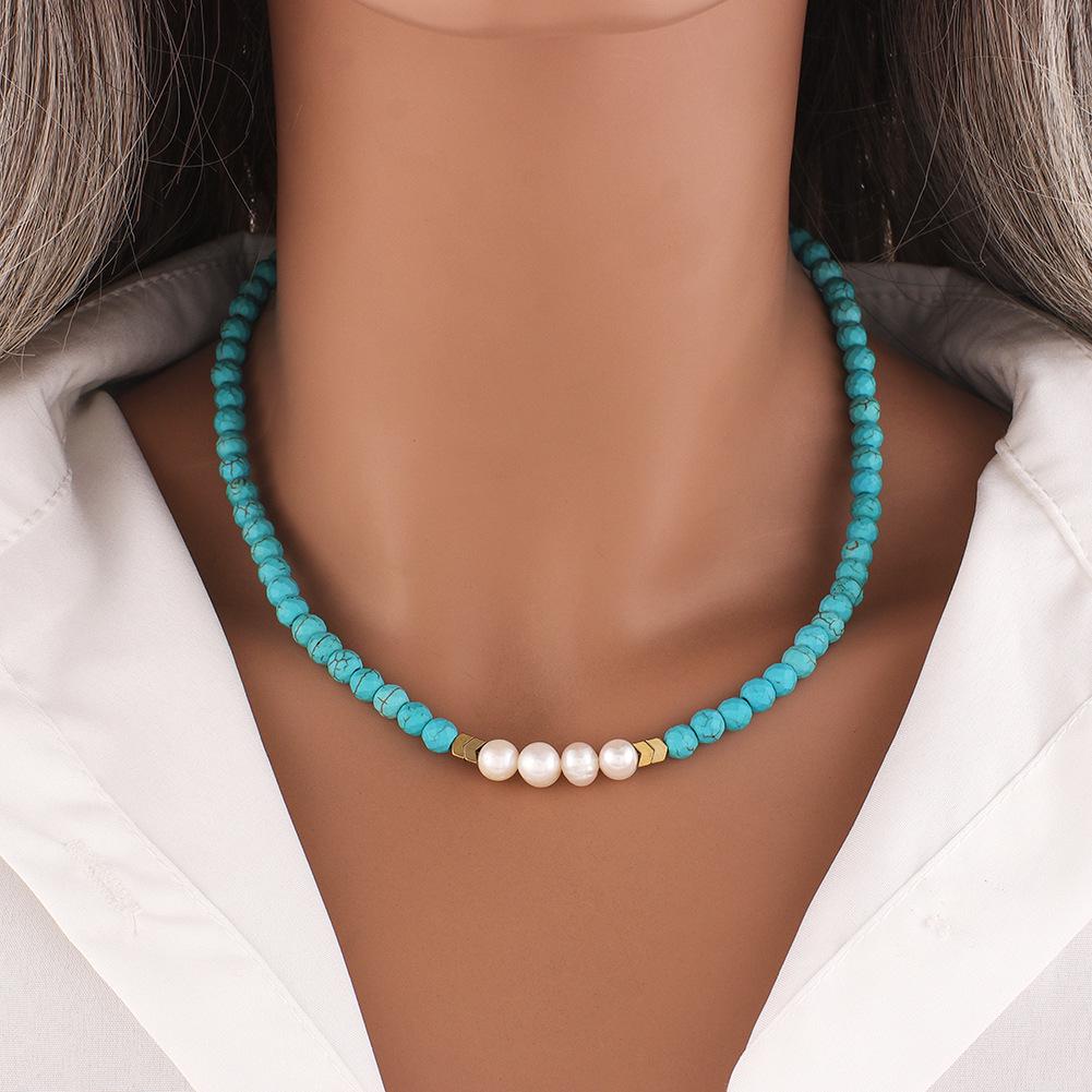 Natural Freshwater Pearl & Turquoise Bohemian Choker Necklace for Women
