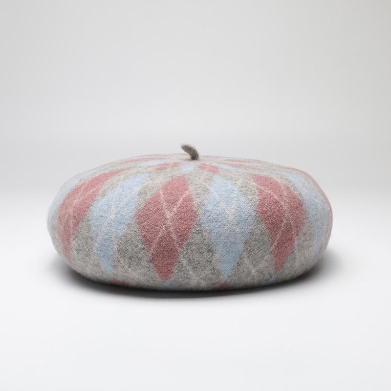 

Женская шапка, шерстяной берет, модная повседневная осенне-зимняя теплая утолщенная клетчатая шляпа художника M(56-59cm) розовый