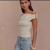 European and American summer women's clothing new solid color one-word shoulder pleats sexy slim temperament top
