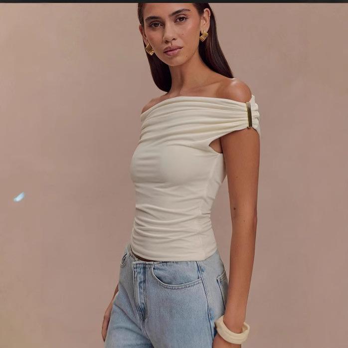 European and American summer women's clothing new solid color one-word shoulder pleats sexy slim temperament top
