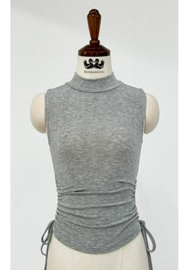 Women's Sporty Style Sleeveless Tight T-Shirt with Ruffled Base Layer, Half-High Neck, Thin and Slightly See-Through