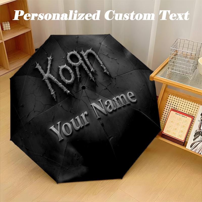 Korn Automatic 8‑ribs Umbrella, Custom Name Text Personalized Folding Umbrella Rain Sun Gift