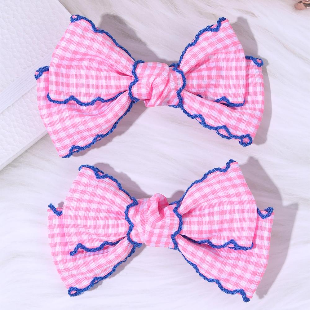 2Pcs Lovely Handmade Fabric Plaid Barrette Hair Bow Clip with Moonstitch Edge Hair Clip School Gingham Headdress