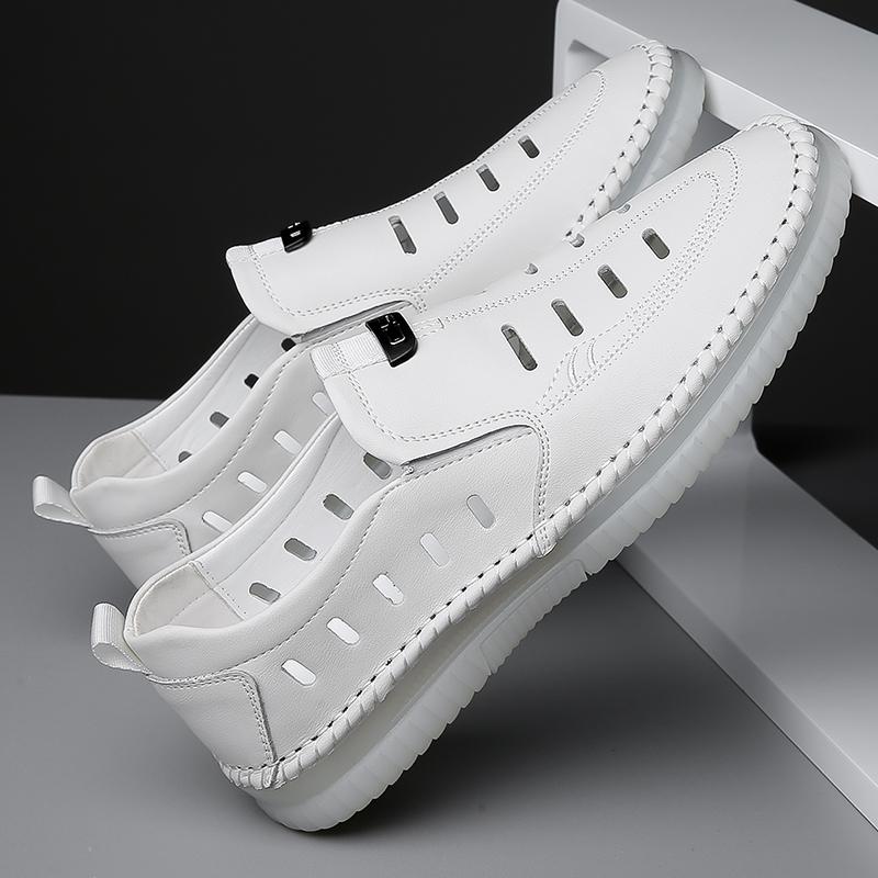 Summer Breathable Leather Walking Shoes for Men Hollow Out Slip-on Loafers Men's Comfortable Leather Casual Shoes