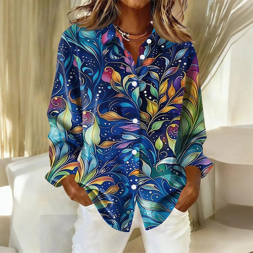 Women's Shirt With Floral Print Buttons, Long Sleeved Casual Regular Shirt  Blouses Casual Plus Size Basic Tops
