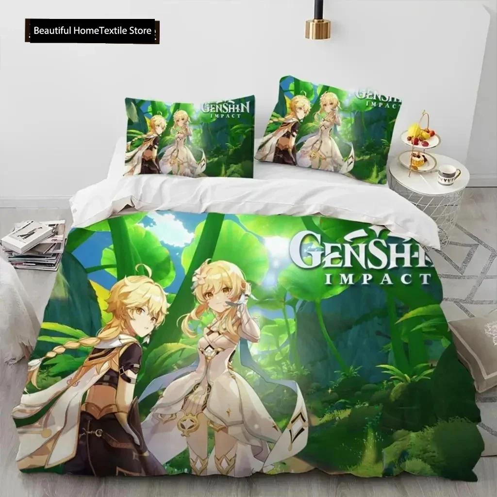 Anime Genshin Impact Hra Ložní souprava Chlapci Dívky Velikost Twin Queen Povlak na přikrývku Povlak na polštář Postel Děti Dospělí Domácí textil