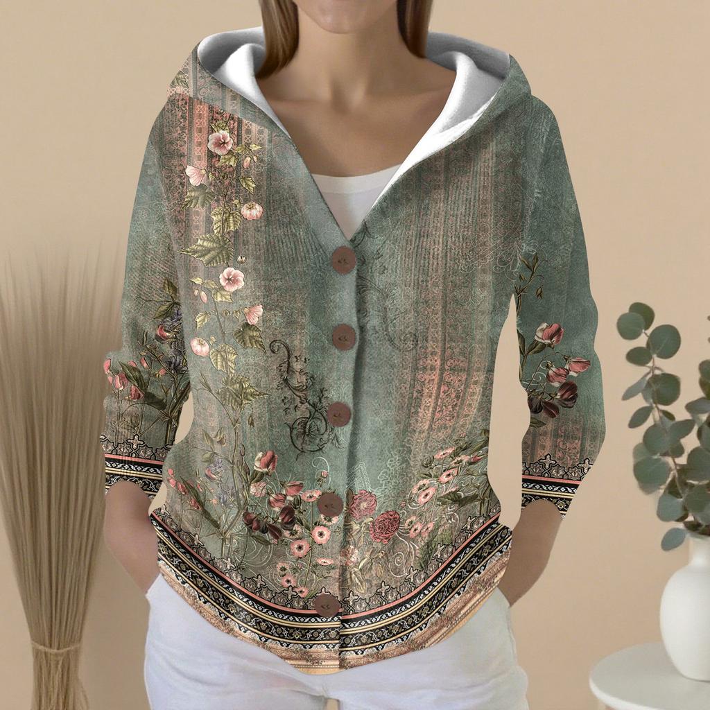 Women's Fashion Casual Sweater Button-Up Print Cardigan  Hooded Jacket