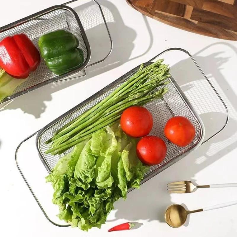 Kuchyňský cedník na zeleninu Nerezový cedník Odkapávač na ovoce Roztažitelná rukojeť Přes dřez Oválný Nástroje s jemnou síťkou