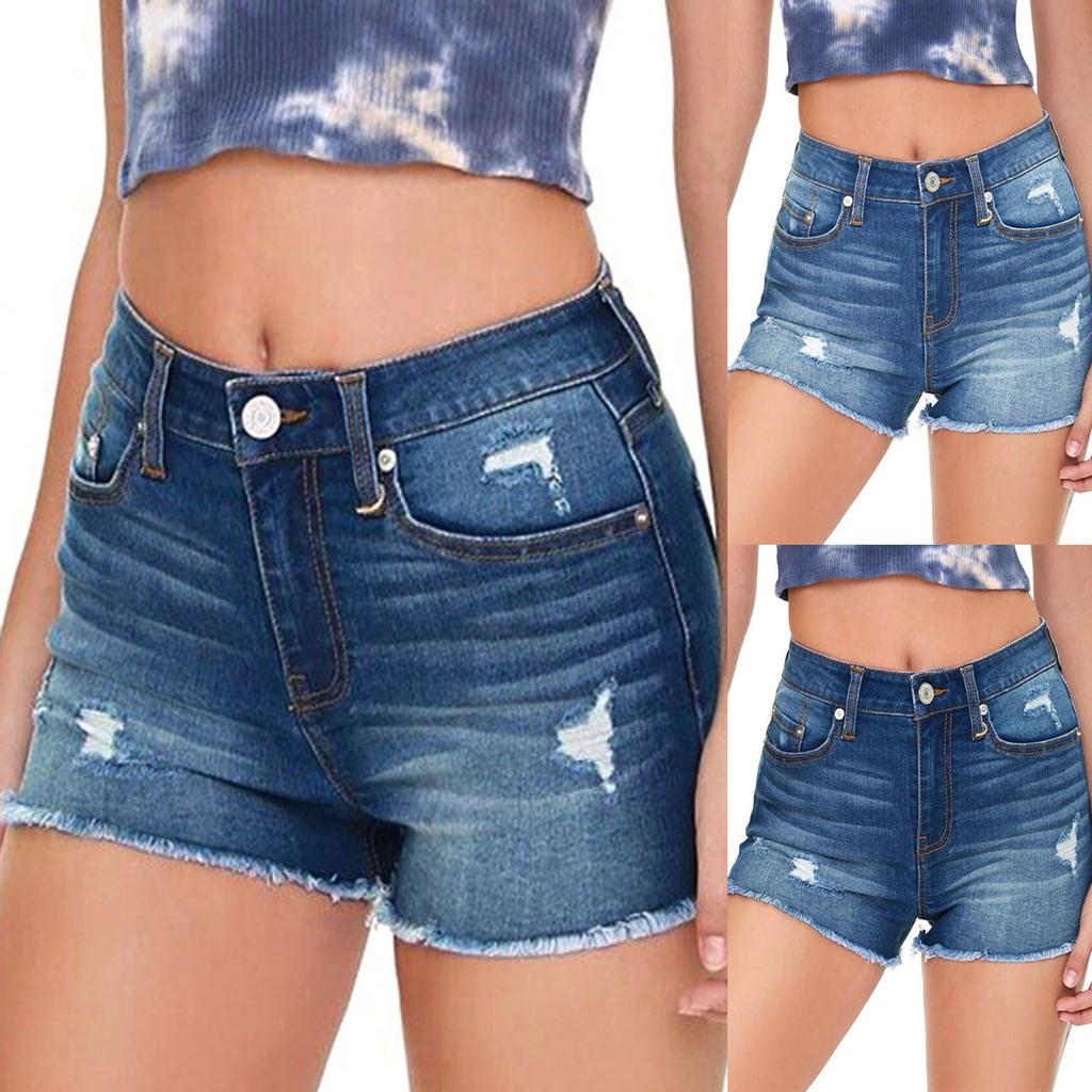 Fashion Womens Pocket Solid Jeans Denim Pants Female Hole Bottom Casual Shorts