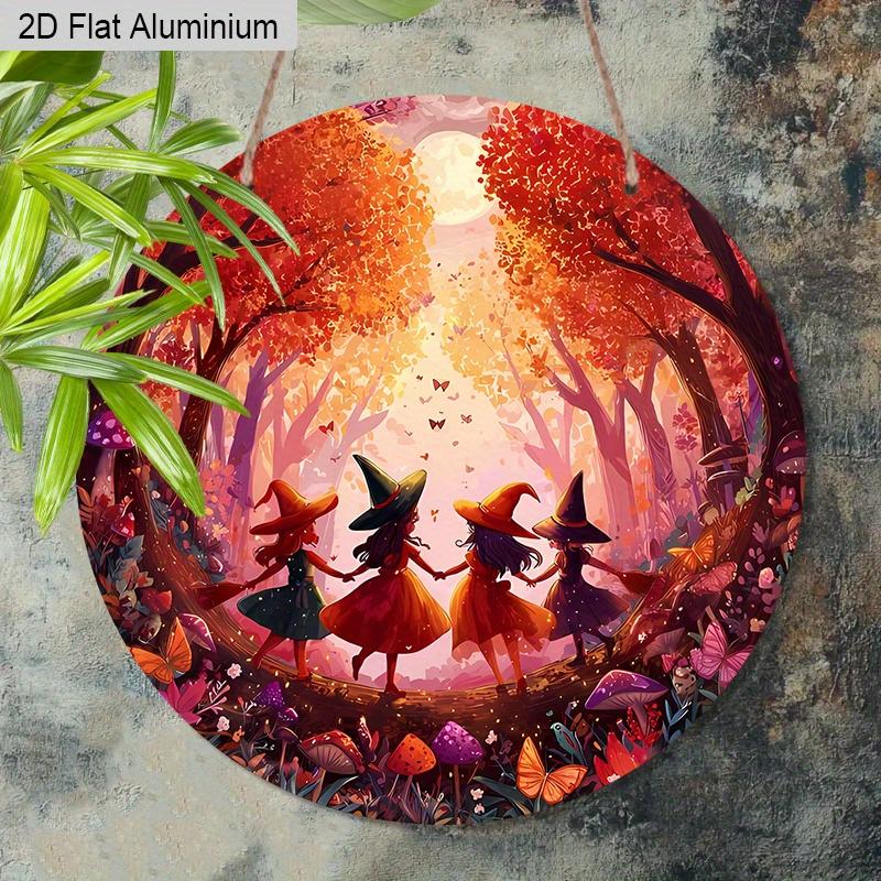 2D Flat Aluminium Halloween Sign with Oil Painting Witchs Pattern - Halloween Figurine Ornaments - Ideal for Front Door, Wall, Porch, Window Decor