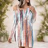 Women Plus Size One Shoulder Long Sleeve Printed Striped Bodycon Mini Dress