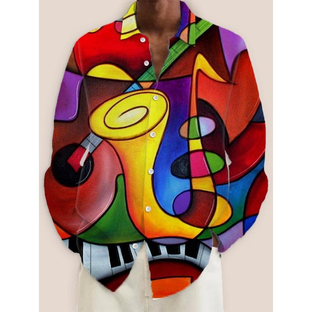 2024 New Men's 3D Art Painting Fashion Print Single Breasted Long Sleeve Shirt Casual Shirt Men's Loose Lapel Long Sleeve