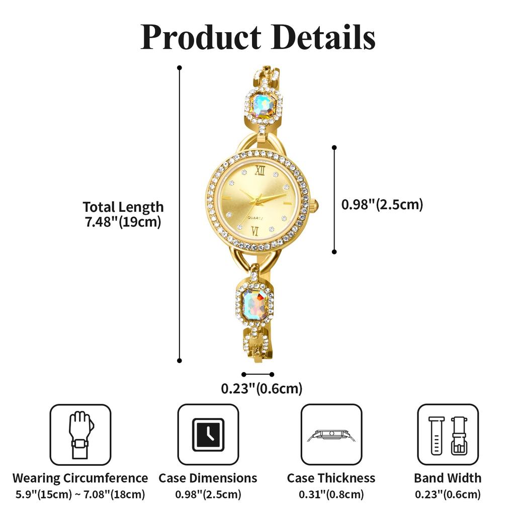 Bracelet Watch with Diamonds and Colored Roman Sunrise Analog Quartz Round Stylish Accessory Day Gift Women's Stones Small, Waterproof, Numerals,