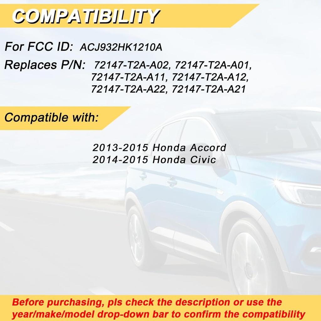 Key Fob Replacement for 2013 2014 2015 Honda Accord/ 14-15 Civic Car Keyless Entry Remote Control, ACJ932HK1210A, 4 Buttons