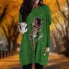 New In Autumn Cat Dragonfly Print Plus Size Dress Women O'neck Long Sleeves Casual Pocket Dresses